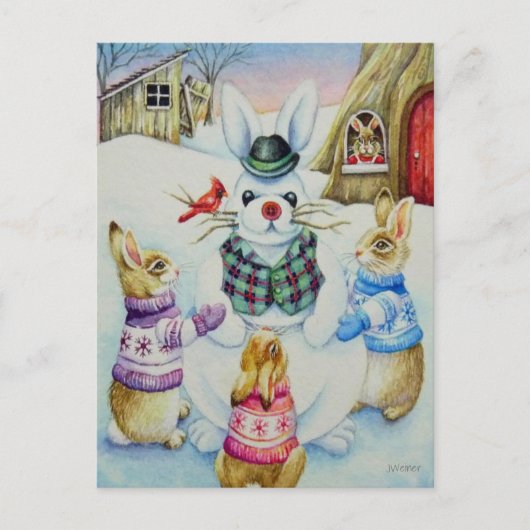 Winter Rabbits Gebäude Snowbunny Watercolor Art Postkarte (Vorderseite)