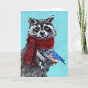 Winter Raccoon with Bluebird Karte
