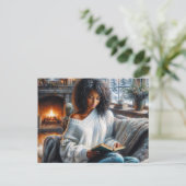 Winter Reading Black Woman Cozy Art Postkarte (Stehend Vorderseite)