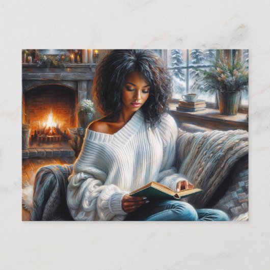 Winter Reading Black Woman Cozy Art Postkarte (Vorderseite)