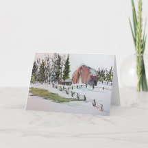 Winter Red Barn Watercolor Landschaft
