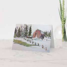 Winter Red Barn Watercolor Landschaft Dankeskarte