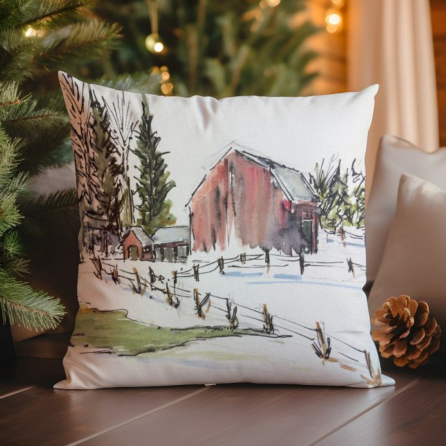 Winter Red Barn Watercolor Landschaft Kissen (Von Creator hochgeladen)