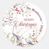 Winter Red Berries Birds Frohe Weihnachten Runder Aufkleber (Vorderseite)