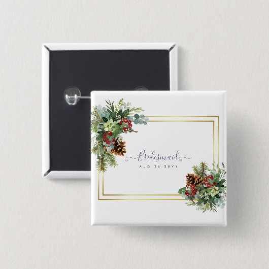 Winter Red Berries Pine Cones Wedding Button (Vorne & Hinten)
