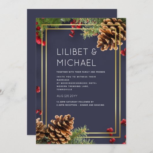 Winter Red Berries Pine Cones Wedding Einladung (Vorne/Hinten)