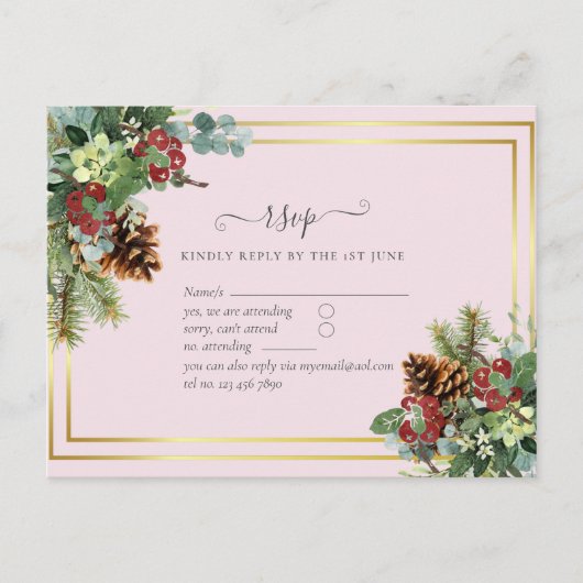 Winter Red Berries Pine Cones Wedding Postkarte (Vorderseite)