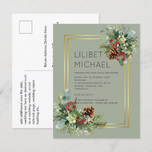 Winter Red Berries Pine Cones Wedding Postkarte