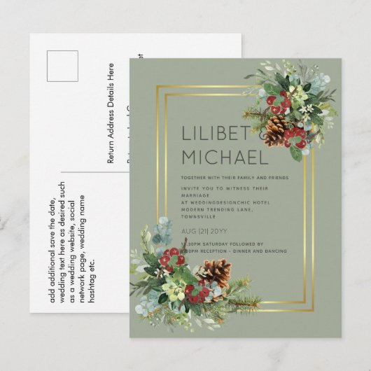 Winter Red Berries Pine Cones Wedding Postkarte (Vorne/Hinten)