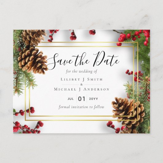 Winter Red Berries Pine Cones Wedding Postkarte (Vorderseite)