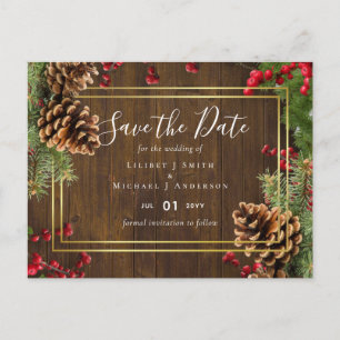 Winter Red Berries Pine Cones Wedding Postkarte