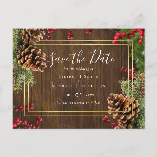 Winter Red Berries Pine Cones Wedding Postkarte (Vorderseite)