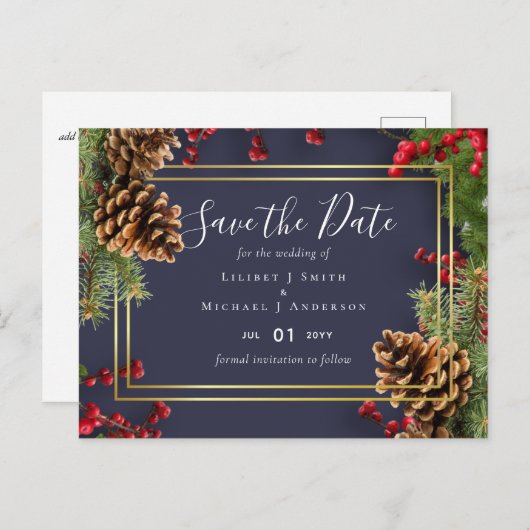 Winter Red Berries Pine Cones Wedding Postkarte (Vorne/Hinten)