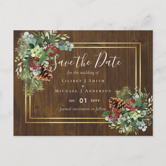 Winter Red Berries Pine Cones Wedding Postkarte (Vorderseite)