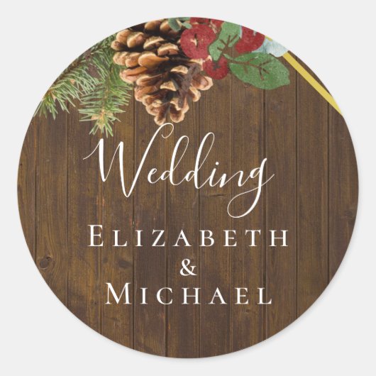 Winter Red Berries Pine Cones Wedding Runder Aufkleber (Vorderseite)