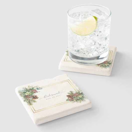 Winter Red Berries Pine Cones Wedding Steinuntersetzer (Seitenansicht)