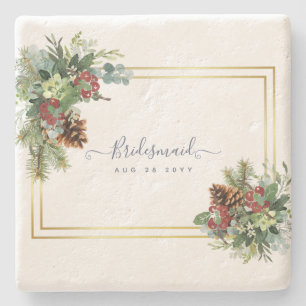 Winter Red Berries Pine Cones Wedding Steinuntersetzer