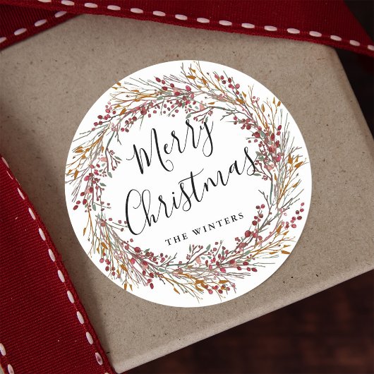 Winter Red Berry Wreath Frohe Weihnachten Runder Aufkleber