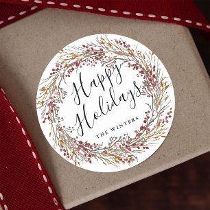 Winter Red Berry Wreath Happy Holidays Runder Aufkleber