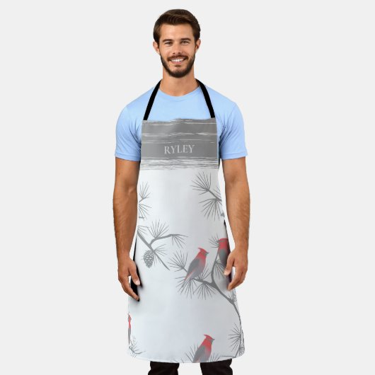 Winter Red Birds on Gray Branches Pattern Monogram Schürze (Getragen)