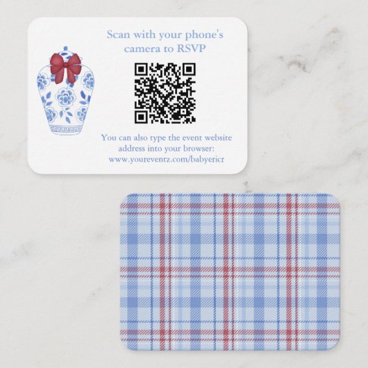 Winter Red Blue Tartan QR Code Polterabend UAWG Begleitkarte (Vorne/Hinten)