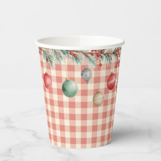Winter Red Christmas gingham with ornaments Pappbecher (Links)