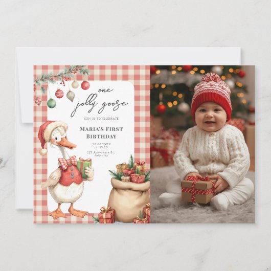 Winter Red Christmas Silly Goose 1st birthday Einladung (Vorderseite)
