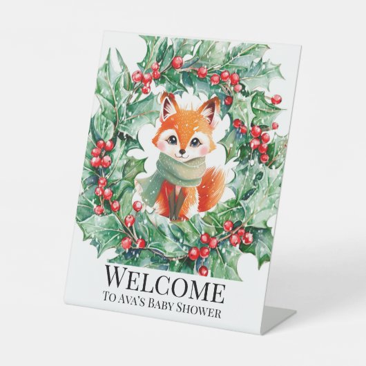 Winter Red Fox Green Berries Babydusche Willkommen Sockelschild (Vorderseite)