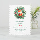 Winter Red Fox Green Berries Kinderdusche Weihnach Einladung (Stehend Vorderseite)