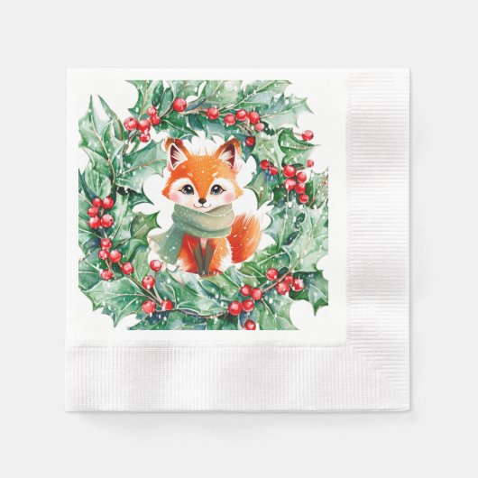 Winter Red Fox Green und Berries Baby Dusche Serviette (Vorderseite)