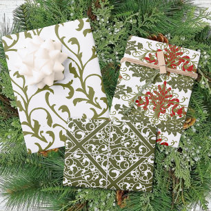 Winter Red Green Damask Traditionelle Weihnachten Geschenkpapier Set