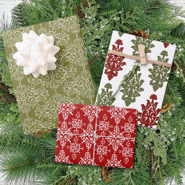 Winter Red Green Damask Traditionelle Weihnachten Geschenkpapier Set