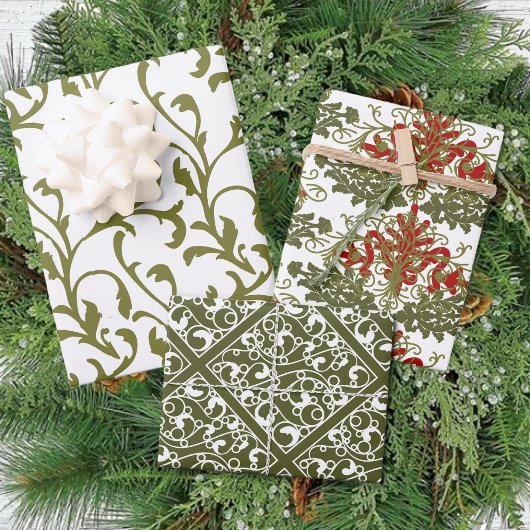 Winter Red Green Damask Traditionelle Weihnachten Geschenkpapier Set