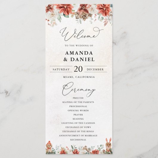 Winter Red Greenery Pinecone Hochzeitsprogramm Programm (Vorderseite)