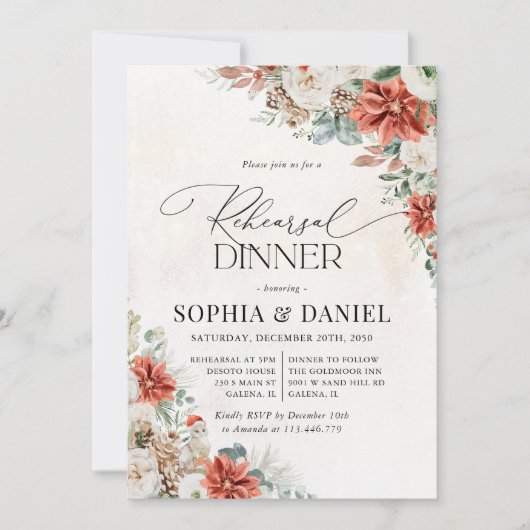 Winter Red Greenery Pinecone Probe Dinner Einladung (Vorderseite)