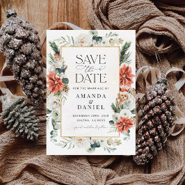 Winter Red Greenery Pinecone Save the Date Karte