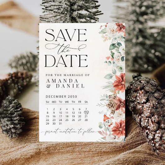 Winter Red Greenery Pinecone Save the Date Karte