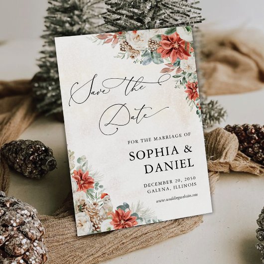 Winter Red Greenery Pinecone Save the Date Karte