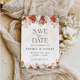 Winter Red Greenery Pinecone Save the Date Karte