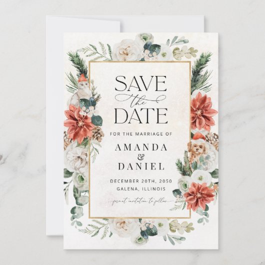 Winter Red Greenery Pinecone Save the Date Karte (Vorderseite)