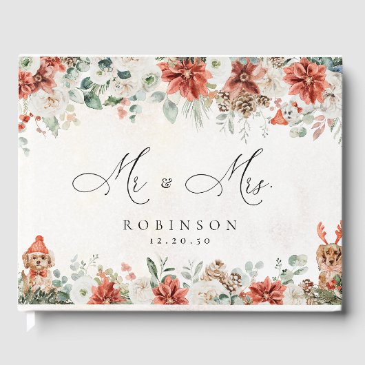 Winter Red Greenery Pinecone Wedding Guest Book Gästebuch (Vorderseite)