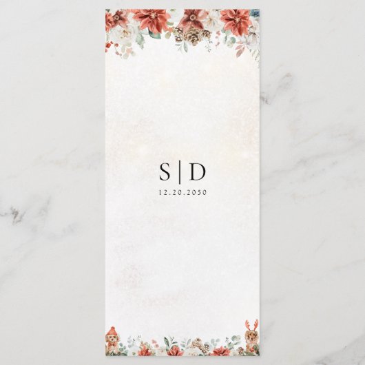 Winter Red Greenery Pinecone Wedding Menu Menükarte (Rückseite)