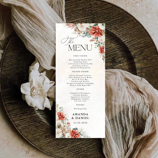 Winter Red Greenery Pinecone Wedding Menu Menükarte