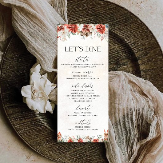 Winter Red Greenery Pinecone Wedding Menu Menükarte