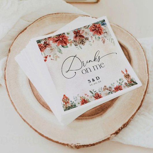 Winter Red Greenery Pinecone Wedding Paper Napkin Serviette