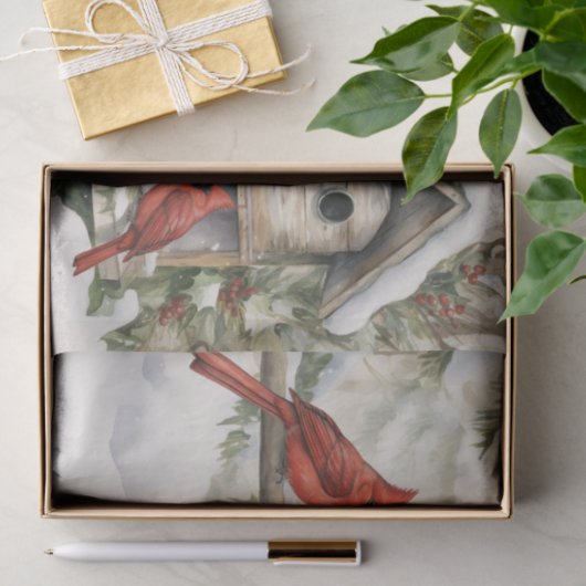 Winter Red Kardinals Birdhouse Ivy and Berries Seidenpapier (Geschenk)