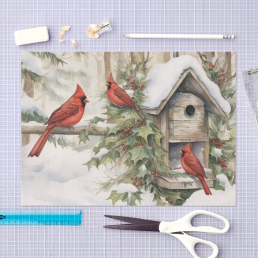 Winter Red Kardinals Birdhouse Ivy and Berries Seidenpapier (Handwerk)