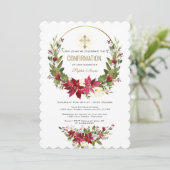 Winter Red Poinsettia Gold Cross Bestätigung Einladung (Stehend Vorderseite)