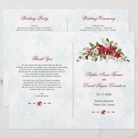 Winter Red Poinsettia Snowflakes Hochzeitsprogramm (Vorne/Hinten)