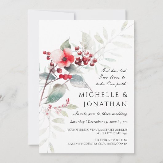 Winter Red Sage Green Floral Christlich Hochzeit Einladung (Vorderseite)